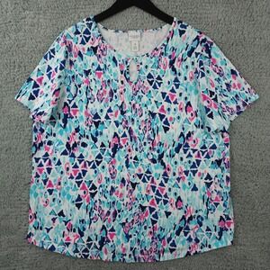 Chicos Shirt Womens 4 US XXL 2XL Blue Pink Abstract Geo Keyhole Neck Casual Top